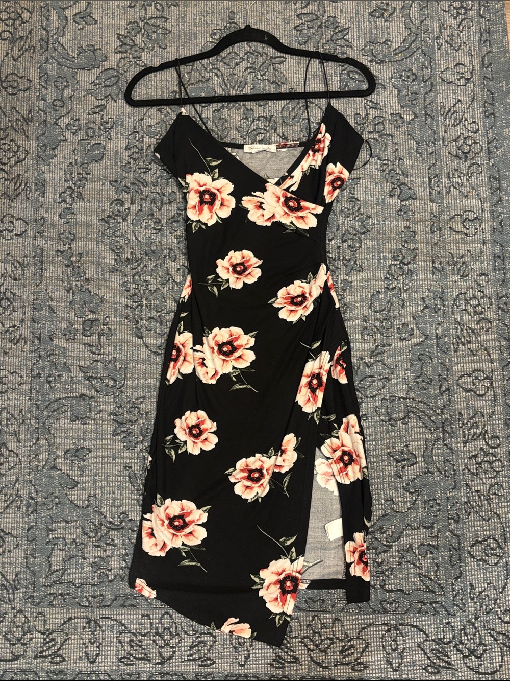Streetwear Society Black Midi Wrap Dress with Pink Floral Print